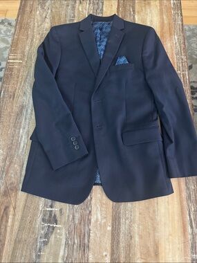 TALLIA Navy Blue Boys' Blazer with Patterned Pocket Square